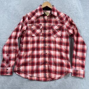 Cowgirl Legend Shirt Womens Large Pearl Snap Western Rodeo Plaid Red Long Sleeve